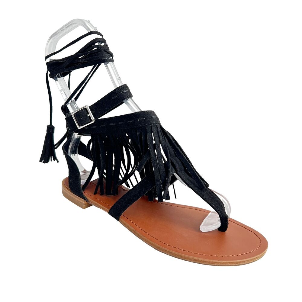 New Forever 21 Fringe Thong Sandals Up Leg Ties Black 6.5